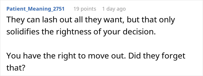 Screenshot of a forum comment discussing parents forcing pay expensive rent and the right to move out.