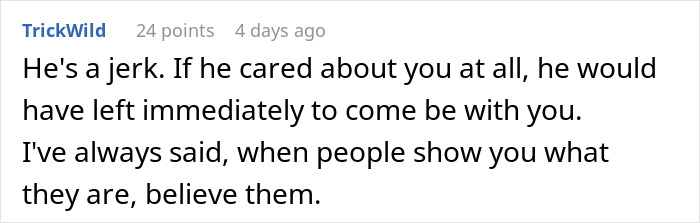 Comment text on a white background discussing a woman's heartbreak after her mother’s death reveals boyfriend’s true character.