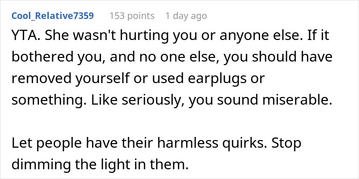 Commenter advises worker to accept harmless quirks and stop harsh criticism over bizarre lunchtime ritual.