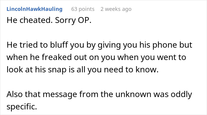 Screenshot of a forum comment discussing strange text about fiancé raising suspicion for mom-to-be, with friends noting her gut feeling. Screenshot of a forum comment discussing strange text about fiancé raising suspicion for mom-to-be, with friends noting her gut feeling.