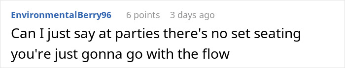 Comment about parties with no set seating, relating to girl gets bullied over a party seat and kindness lesson. Comment about parties with no set seating, relating to girl gets bullied over a party seat and kindness lesson.
