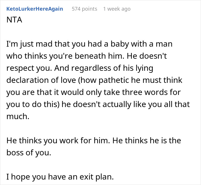 Comment discussing a mother caring for her 10-month-old and refusing fiancé’s orders to clean his vomit, causing tension.