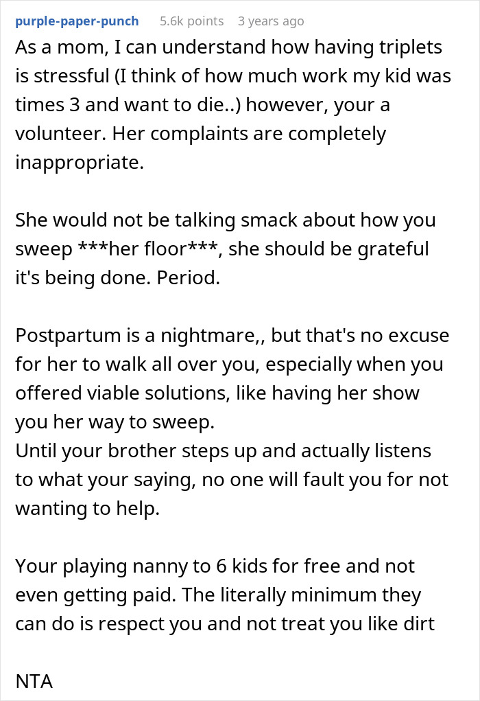 Comment on postpartum lady stressing SIL while helping with triplets, highlighting stress and inappropriate complaints. Comment on postpartum lady stressing SIL while helping with triplets, highlighting stress and inappropriate complaints.