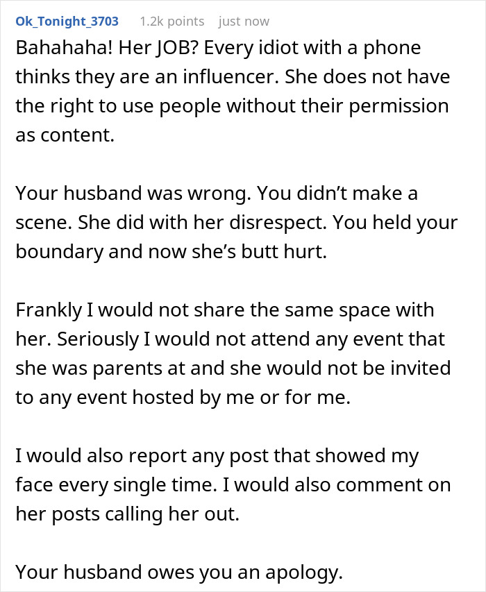Comment on self-proclaimed influencer filming SIL at birthday dinner and conflict after camera blocked. Comment on self-proclaimed influencer filming SIL at birthday dinner and conflict after camera blocked.