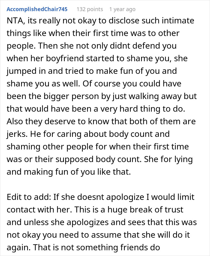 Screenshot of a Reddit comment discussing body count shaming and exposing a friend’s boyfriend’s girlfriend in a relationship conflict. Screenshot of a Reddit comment discussing body count shaming and exposing a friend’s boyfriend’s girlfriend in a relationship conflict.