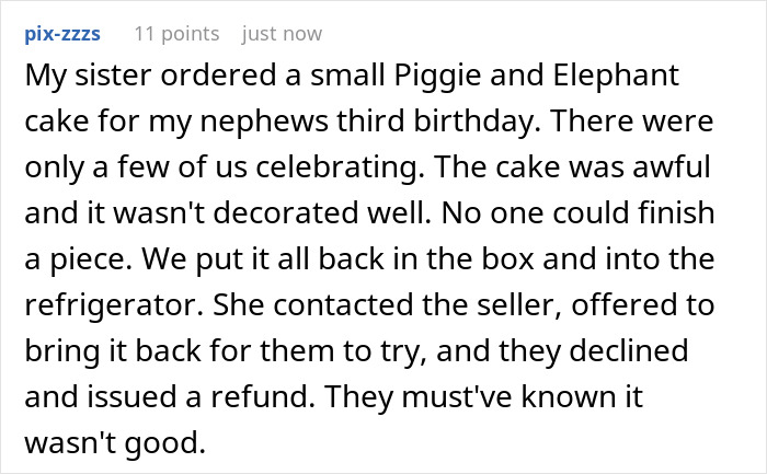 Text post describing a woman’s story about a bakery refusing refund for a half-eaten cake causing a social media roasting threat.