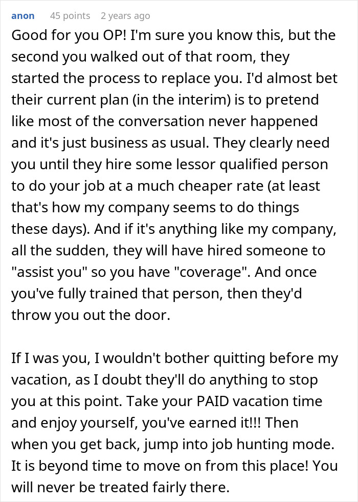Comment advising employee to take paid vacation despite employer’s plans during two weeks notice before PTO. Comment advising employee to take paid vacation despite employer’s plans during two weeks notice before PTO.