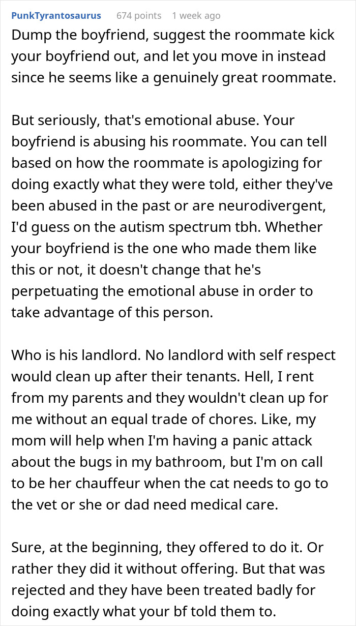 Comment discussing emotional abuse as boyfriend treats roommate like the help, ordering chores and taking advantage of him.