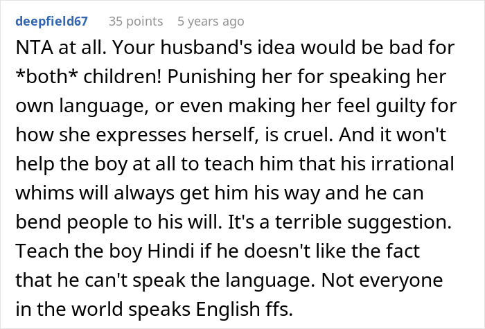Comment discussing concerns over punishing a child for speaking a native language his stepdad can't understand. Comment discussing concerns over punishing a child for speaking a native language his stepdad can't understand.