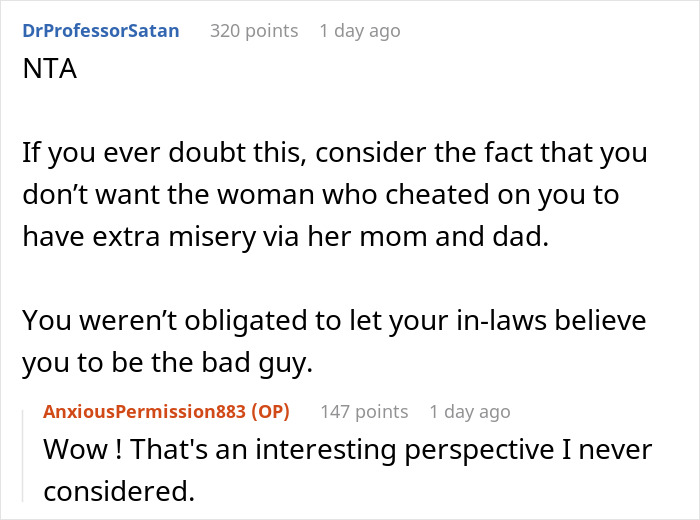 Reddit comments discussing a man’s situation with his in-laws who think he is divorcing their daughter due to her weight. Reddit comments discussing a man’s situation with his in-laws who think he is divorcing their daughter due to her weight.