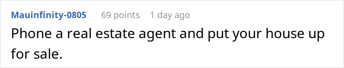 Text message on a phone screen from Mauinfinity-0805 advising to call a real estate agent to sell a house. Text message on a phone screen from Mauinfinity-0805 advising to call a real estate agent to sell a house.