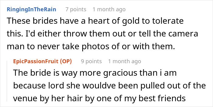 Screenshot of Reddit comments discussing brides' reactions to a groom's brother's girlfriend wearing a sage green dress. Screenshot of Reddit comments discussing brides' reactions to a groom's brother's girlfriend wearing a sage green dress.
