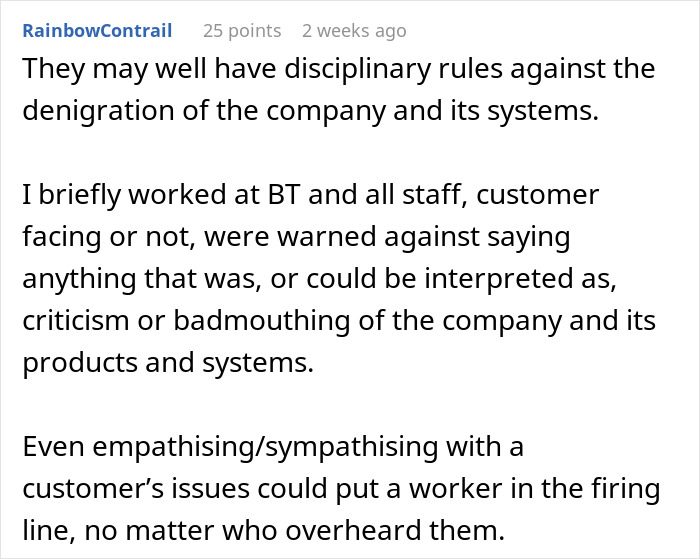 Comment warning that workers faced discipline for criticizing company systems or empathizing with customers' issues. Comment warning that workers faced discipline for criticizing company systems or empathizing with customers' issues.