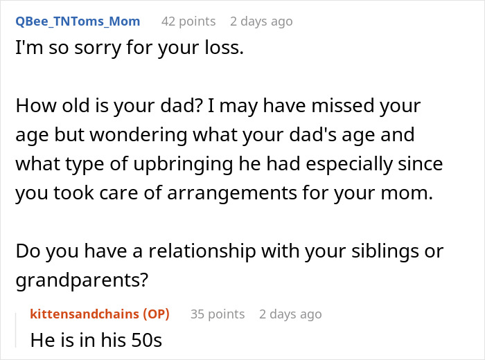 Comment thread discussing a woman appalled by her dad’s reaction after giving birth to his dead grandchild. Comment thread discussing a woman appalled by her dad’s reaction after giving birth to his dead grandchild.