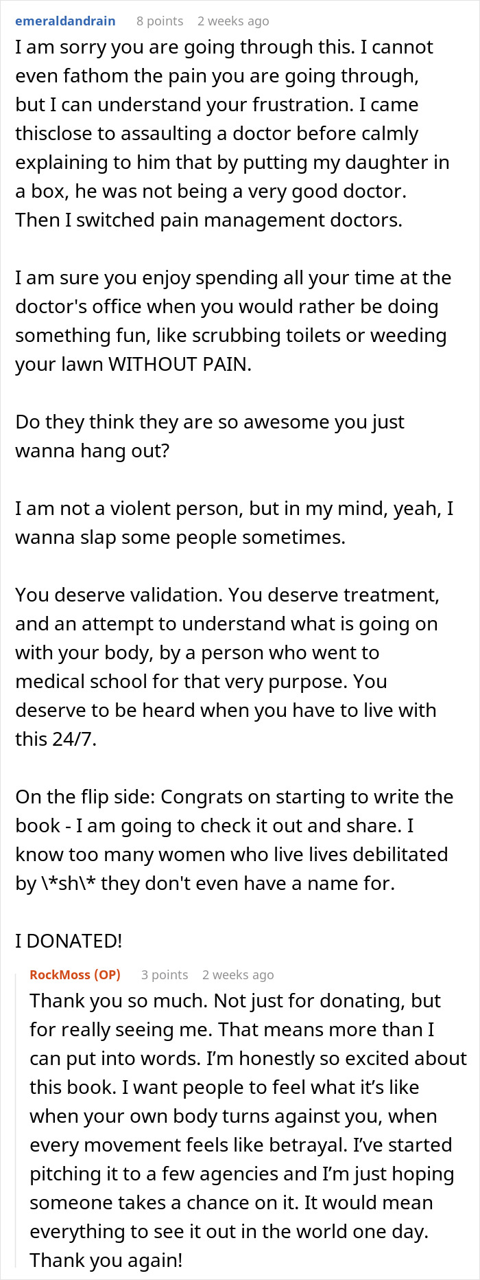 Comment expressing support for a woman’s chronic pain being dismissed by doctors until her husband validates it. Comment expressing support for a woman’s chronic pain being dismissed by doctors until her husband validates it.