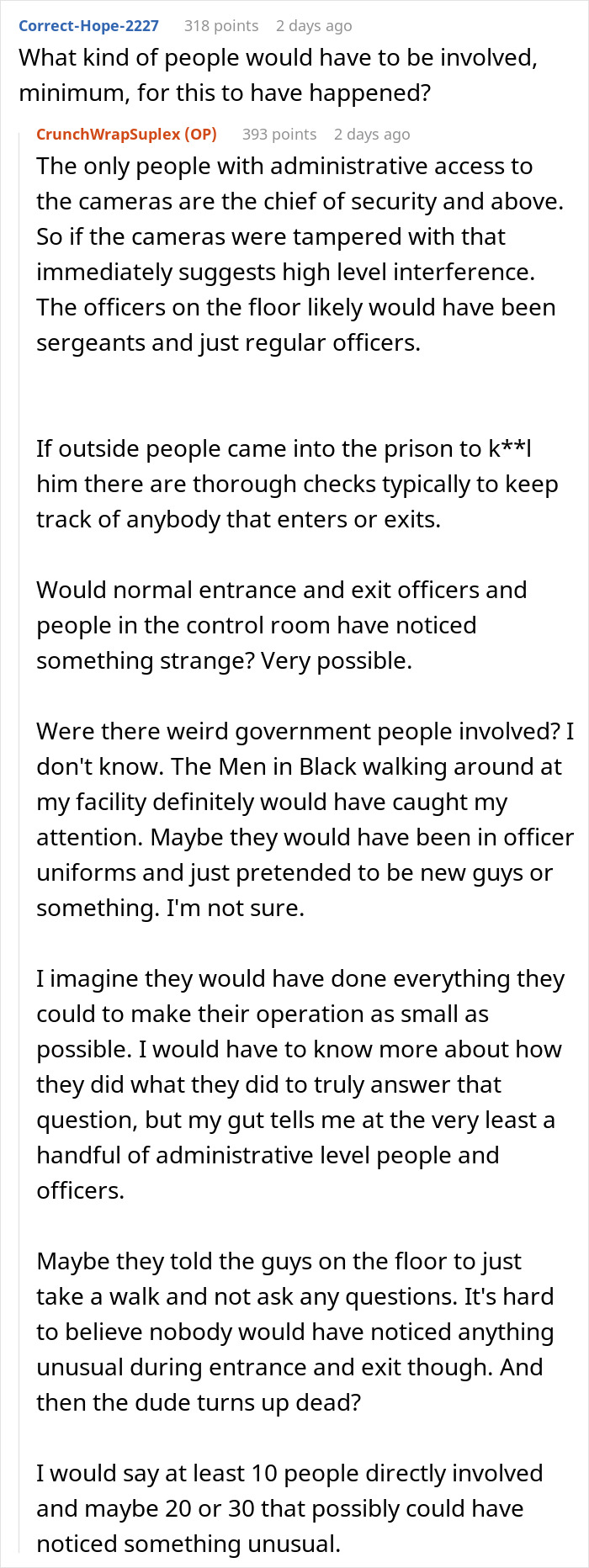 Text excerpt from a prison officer discussing suspicions about Epstein’s death and potential high level interference.