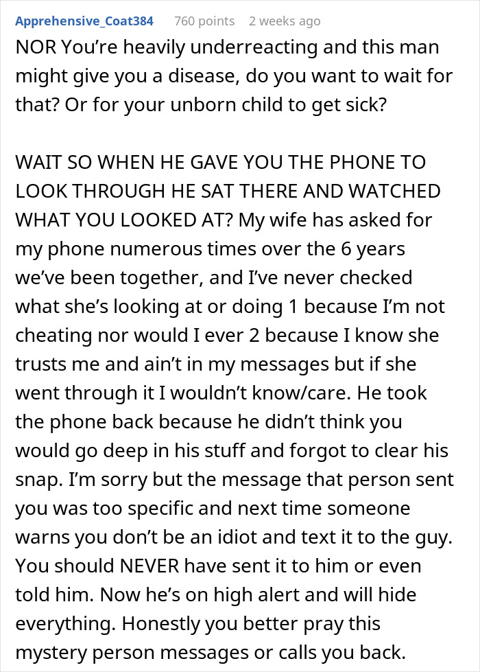 Screenshot of a detailed online comment discussing concerns about fiancé’s suspicious text and trust issues. Screenshot of a detailed online comment discussing concerns about fiancé’s suspicious text and trust issues.