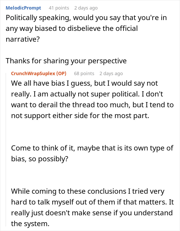 Reddit user with prison officer experience discusses bias and disbelief in official Epstein death narrative.