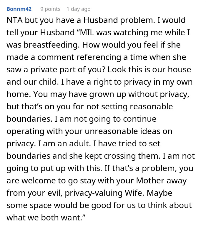 Reddit comment discussing privacy boundaries after mom disables MIL’s baby cam access due to constant spying concerns. Reddit comment discussing privacy boundaries after mom disables MIL’s baby cam access due to constant spying concerns.