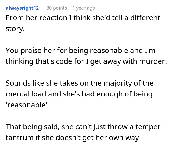 Comment discussing a wife proving her husband wrong after he said she couldn’t do it without him.