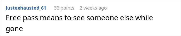Screenshot of a text comment explaining the phrase free pass means to see someone else while gone in an online discussion. Screenshot of a text comment explaining the phrase free pass means to see someone else while gone in an online discussion.