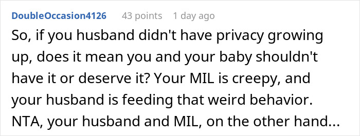 Comment discussing privacy concerns after mom disables MIL’s baby cam access due to spying behavior. Comment discussing privacy concerns after mom disables MIL’s baby cam access due to spying behavior.
