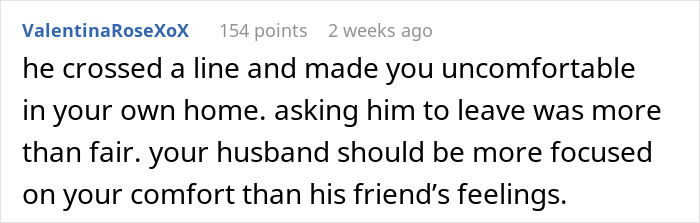 Comment discussing how a friend’s compliment made someone uncomfortable, with wife insisting husband find hotel. Comment discussing how a friend’s compliment made someone uncomfortable, with wife insisting husband find hotel.