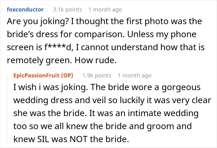 Comments about groom's brother's GF wearing sage green dress mistaken for white wedding dress and getting trolled online. Comments about groom's brother's GF wearing sage green dress mistaken for white wedding dress and getting trolled online.