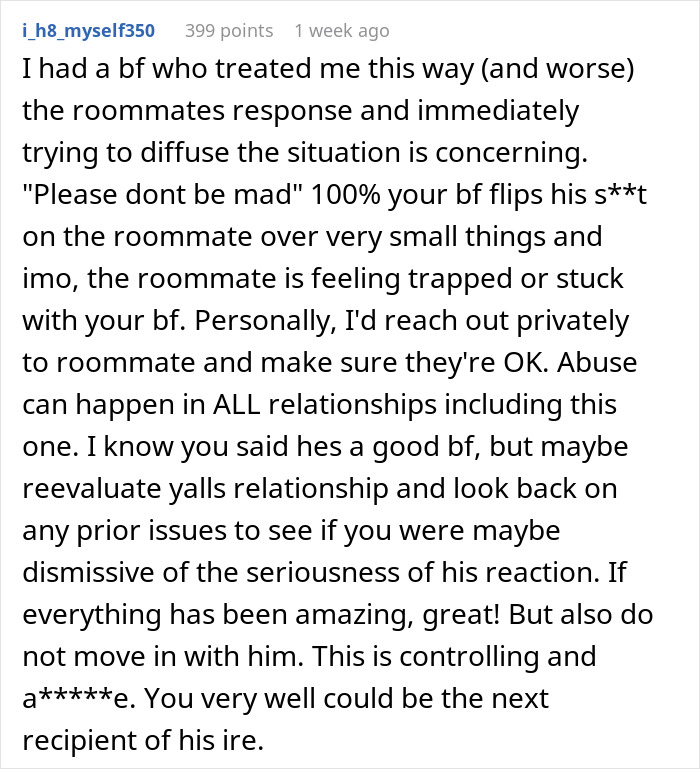 Comment warning about a boyfriend treating a kind roommate like the help and ordering chores like a boss, raising alarm.