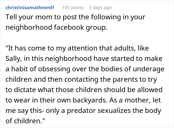 Text post discussing concerns about adults obsessing over children wearing bikinis in their own yards. Text post discussing concerns about adults obsessing over children wearing bikinis in their own yards.