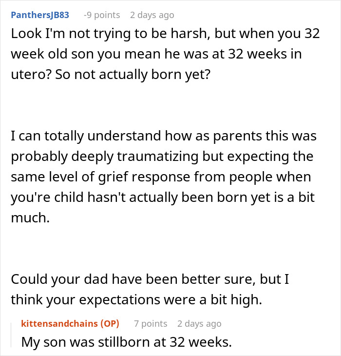 Reddit discussion about woman appalled by dad’s reaction to her giving birth to a stillborn child at 32 weeks. Reddit discussion about woman appalled by dad’s reaction to her giving birth to a stillborn child at 32 weeks.