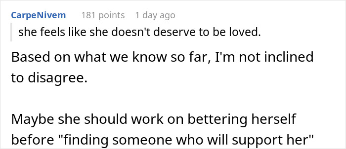 Reddit comment discussing feelings of undeserved love and self-improvement after a breakup involving dinner thrown away.