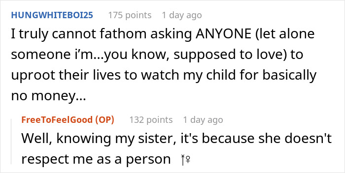 Screenshot of a Reddit conversation where a woman argues babysitters don’t deserve a living wage, challenged by her sibling. Screenshot of a Reddit conversation where a woman argues babysitters don’t deserve a living wage, challenged by her sibling.