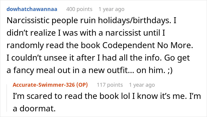 Screenshot of an online comment discussing a husband’s birthday surprise for wife leading to therapy after 19 years of marriage. Screenshot of an online comment discussing a husband’s birthday surprise for wife leading to therapy after 19 years of marriage.