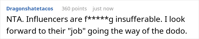 Comment on social media criticizing self-proclaimed influencer for filming SIL at birthday dinner and reacting negatively. Comment on social media criticizing self-proclaimed influencer for filming SIL at birthday dinner and reacting negatively.