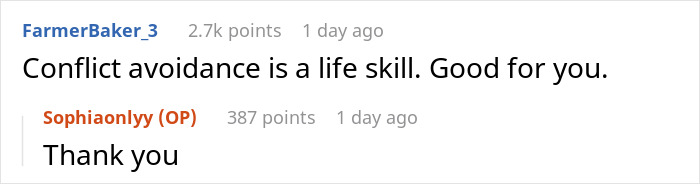 Screenshot of a Reddit comment thread discussing conflict avoidance after leftover pasta theft prompts mini fridge purchase.