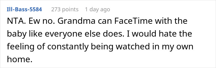 Screenshot of an online comment discussing a mom disabling MIL’s baby cam access due to privacy concerns. Screenshot of an online comment discussing a mom disabling MIL’s baby cam access due to privacy concerns.