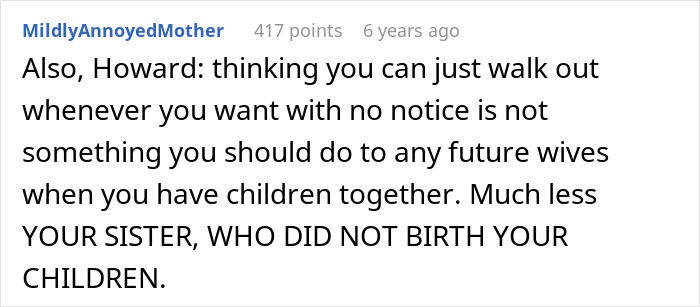 Comment from Reddit user MildlyAnnoyedMother discussing a man accusing his sister of refusing childcare duties. Comment from Reddit user MildlyAnnoyedMother discussing a man accusing his sister of refusing childcare duties.