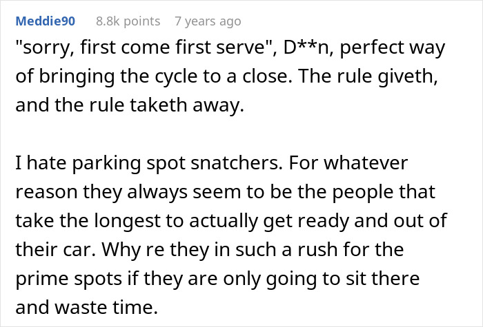 Comment text discussing frustration with parking spot snatchers and the irony of wasting prime parking spots. Comment text discussing frustration with parking spot snatchers and the irony of wasting prime parking spots.