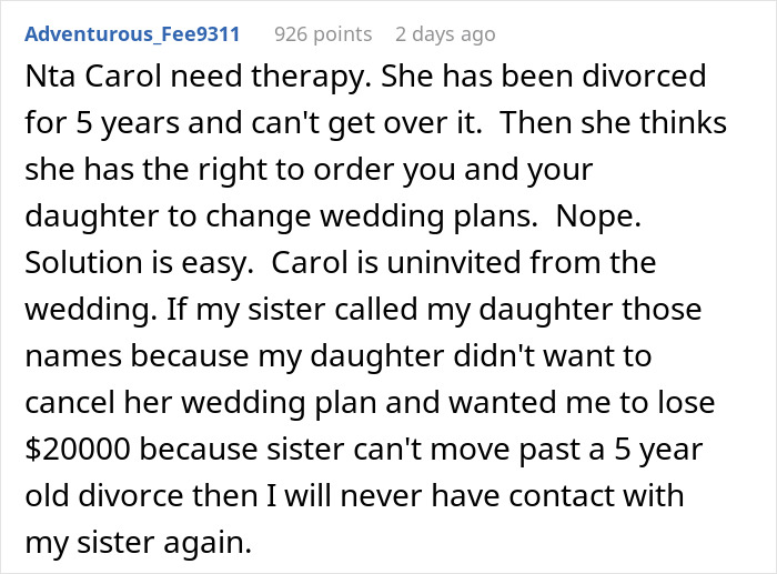 Comment discussing a woman refusing to cancel her daughter’s dream wedding venue despite sister’s cheating ex interference. Comment discussing a woman refusing to cancel her daughter’s dream wedding venue despite sister’s cheating ex interference.