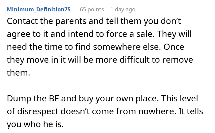 Text advice about dealing with parents secretly invited to stay, highlighting relationship conflicts with boyfriend and partner discomfort. Text advice about dealing with parents secretly invited to stay, highlighting relationship conflicts with boyfriend and partner discomfort.
