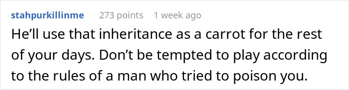 Screenshot of an online comment discussing a man getting sick after eating food touched by his dad and wondering if it’s intentional.