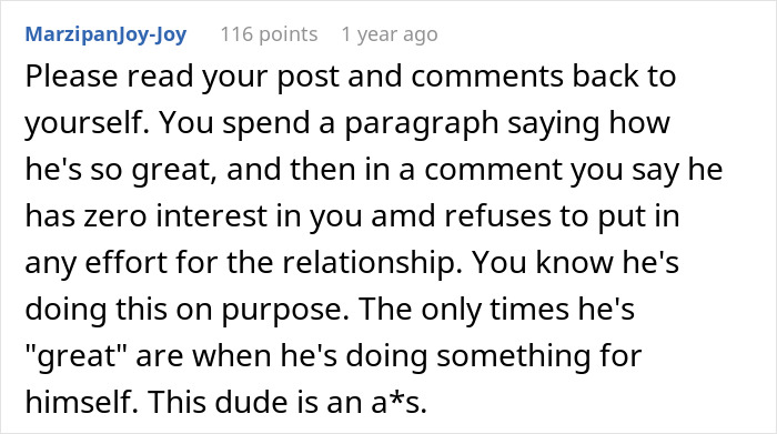 Reddit comment discussing relationship issues after husband’s birthday surprise leads to therapy. Reddit comment discussing relationship issues after husband’s birthday surprise leads to therapy.