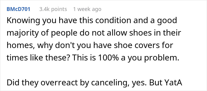 Screenshot of a discussion about a guy with a medical condition not removing shoes in a friend’s house and related conflict. Screenshot of a discussion about a guy with a medical condition not removing shoes in a friend’s house and related conflict.