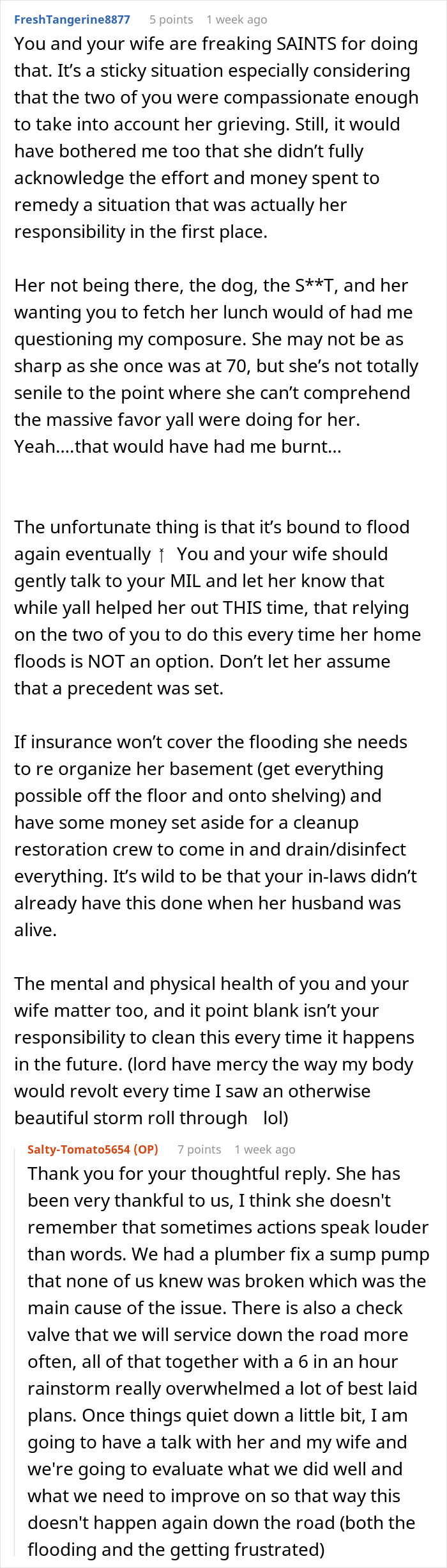 Reddit user comment discussing MIL skipping sewage disaster cleanup at home for salon, leaving couple to handle the smelly mess. Reddit user comment discussing MIL skipping sewage disaster cleanup at home for salon, leaving couple to handle the smelly mess.