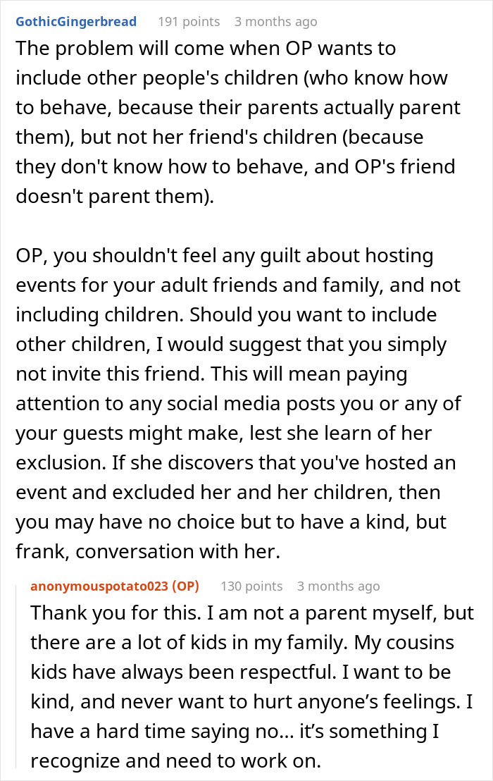 Text discussion about hosting childfree events due to issues with friend's rowdy kids and setting social boundaries. Text discussion about hosting childfree events due to issues with friend's rowdy kids and setting social boundaries.