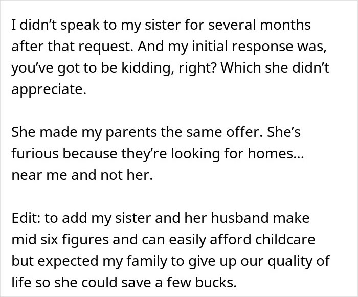 Text excerpt discussing a woman’s harsh view on babysitters’ wages and her sibling’s critical response. Text excerpt discussing a woman’s harsh view on babysitters’ wages and her sibling’s critical response.
