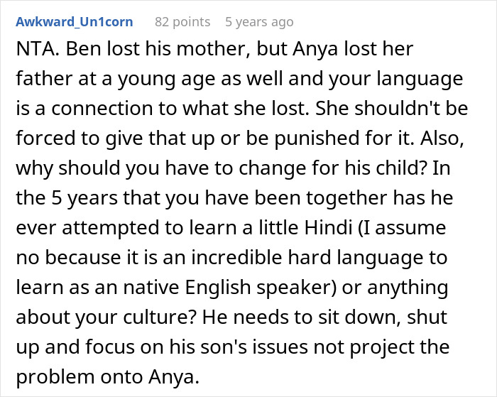 Comment discussing stepdad suggesting punishment for kid using native language son doesn't understand, with mom horrified response. Comment discussing stepdad suggesting punishment for kid using native language son doesn't understand, with mom horrified response.