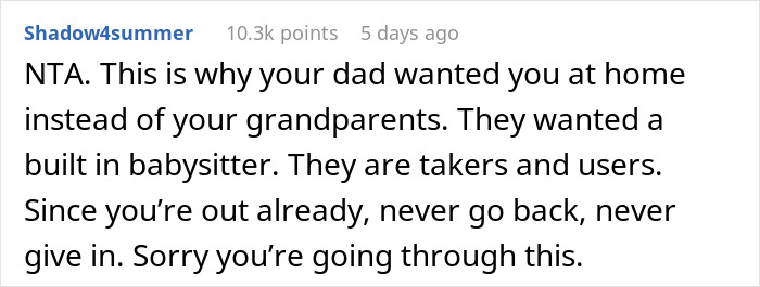 Screenshot of a Reddit comment discussing a teen escaping dad’s babysitting trap after being asked to watch fiancée’s kids. Screenshot of a Reddit comment discussing a teen escaping dad’s babysitting trap after being asked to watch fiancée’s kids.