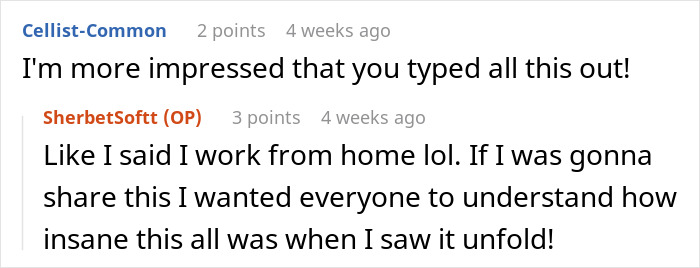 Screenshot of a Reddit conversation about a shocking cheating revelation witnessed by a neighbor during a porch confrontation.